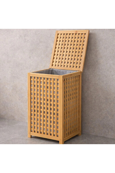 Genel Markalar Kalın Ahşap Bambu Kirli Çamaşır Sepeti Kumaş Çantalı SEPET=40X40X58CM