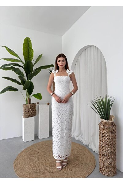 Caddebostan Moda Strappy Detailed Bowknot Lace Long Dress Stylish Evening Dress