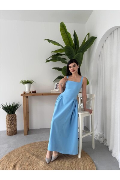Caddebostan Moda Square Neckline Strappy Pleated Maxi Dress Evening Gown Grad...