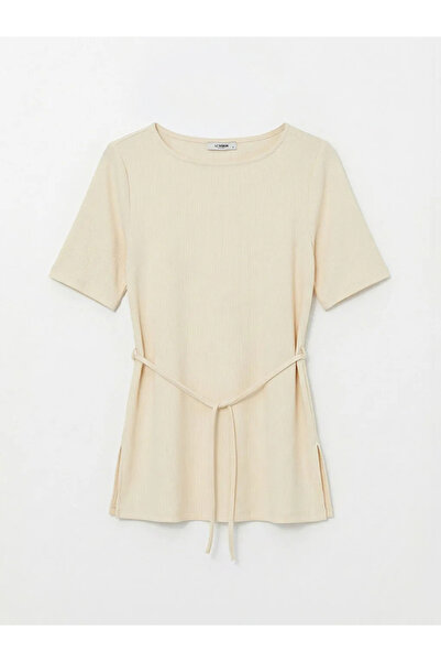 LC Waikiki Beige Crew Neck Blouse with Tie Detail