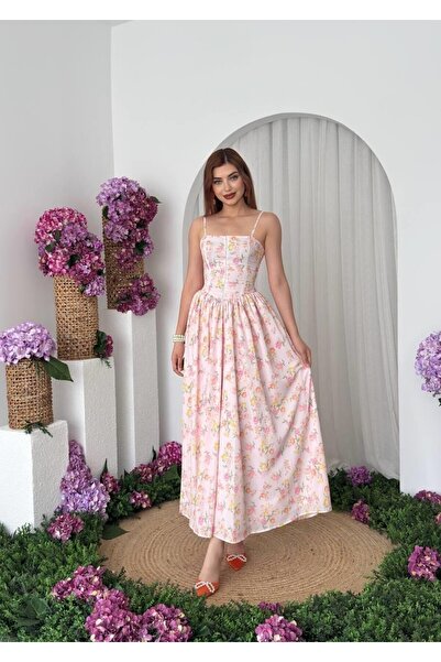 Caddebostan Moda Floral Patterned Rope Strap Corset Midi Dress Stylish Summer...