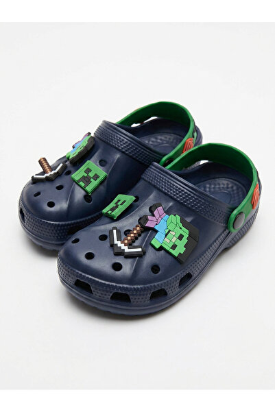 Akım Children's Slippers with Pixel Figures in Navy Blue - Lightweight Non-Sl...