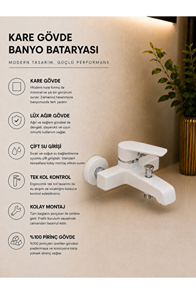 RALKEN Beyaz Kare Banyo Bataryası | %100 Pirinç | Kare Tip Gövde | Aç - Kapa ...