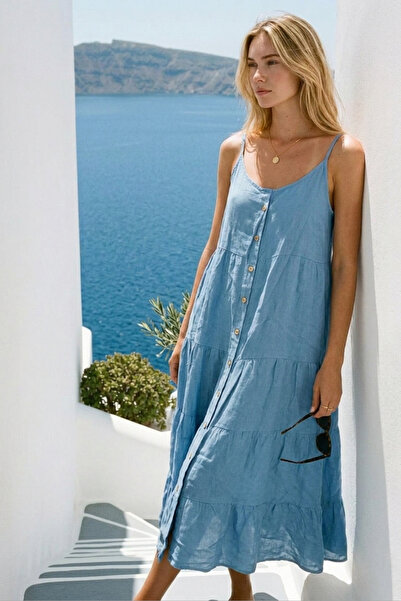 LAGRANZE Resort Collection Buttoned Front Layered Linen Dress