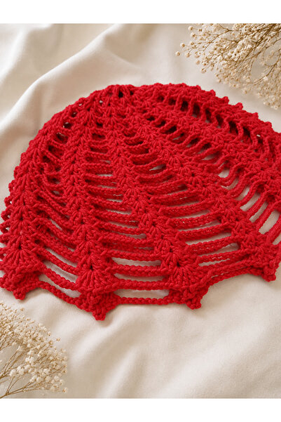 örgü Red Hand-Knitted Bandana Hat – Lace Patterned Summer Hair Accessory