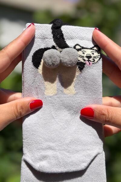 LouSocks Unisex Gri Dilini Çıkaran Köpek Desenli Ponpon Soket Çorap