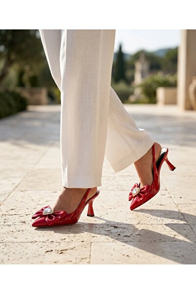DUDYEN SHOES Women's Red Patent Leather Bowknot Shoes with Stone Accessories,...