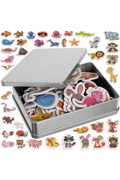 KRUZZEL Set de 40 de magneți de frigider cu animale, cu cutie metalică