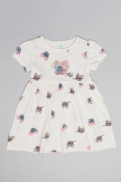 R&B Angel & Stitch Print Fit & Flare Dress with Puff Sleeves