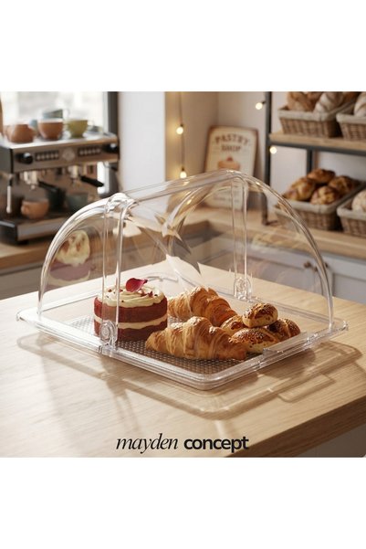Mayden Concept وعاء عرض قابل للطي بغطاء (32.5 × 26.5 سم) - حاوية عرض وحماية للمنتجات على طاولة المقاهي والحلويات مع صينية شفافة