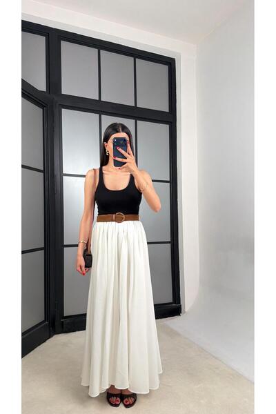 GAUS CO Ekru Kemerli Astarlı Etek GAUS-01549