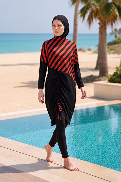 Marina Girl Waitress Boy Hijab Swimsuit Diagonal Striped Gathered Black G2307
