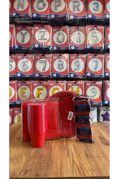 pembe balon 25’Lİ KIRMIZI TABAK BARDAK PEÇETE ÇATAL SET