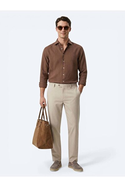 Kip Brown Plain Regular Fit Long Woven Casual Cotton Blend Shirt