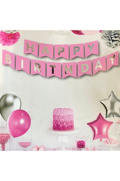 YOUC Design Shiny Gilded Banner Happy Birthday Pink Silver