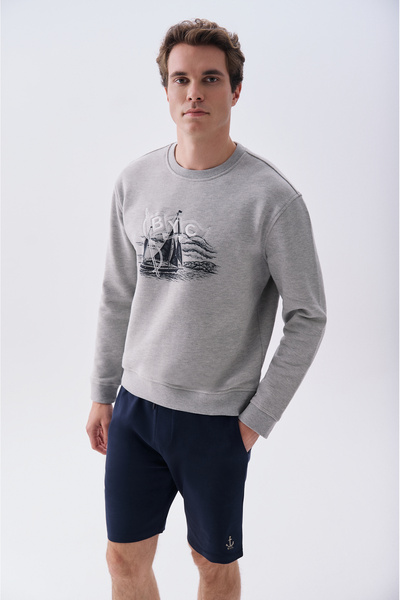 Mudo X Bozburun Yc Men's Gray Melange Printed Crew Neck Sweatshirt