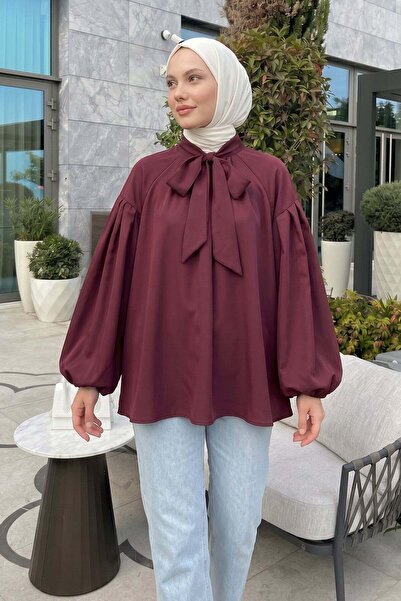 Salih Çelebi Reglan Sleeve Bow Collar Tunic 3003 - Bordo