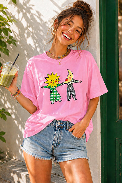 ArtYus Sun and Moon Character Printed Unisex Oversize T-Shirt – Cotton Crew N...