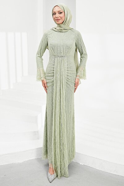 İmajButik Mint Green Stone Lace Evening Dress with Flounces on the Sleeves