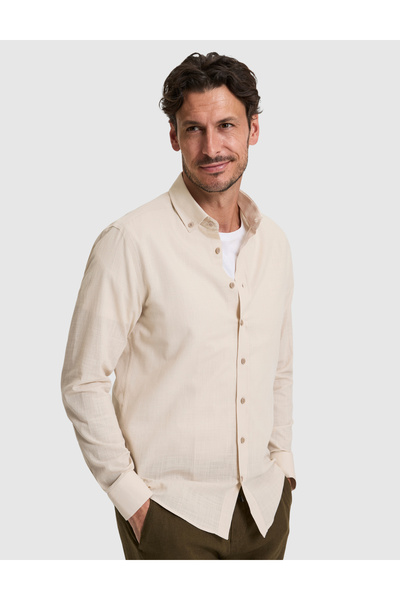 Pierre Cardin Koyu Bej %100 Pamuk Keten Görünümlü Slim Fit Uzun Kollu Gömlek ...