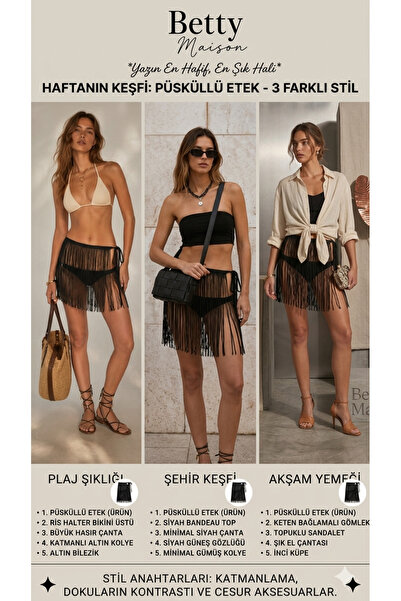 Handmade Betty Bands Siyah Püsküllü Pareo Etek Kadın Plaj Eteği Bikini Üstü P...