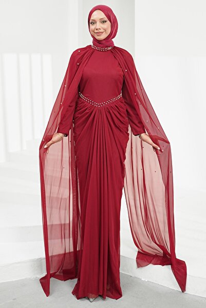 İmajButik Burgundy Shoulder Cape Pearl Embellished Evening Dress