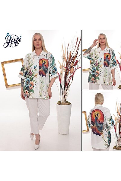 JERFİ Women's Plus Size Stone Printed Fabric Shirt