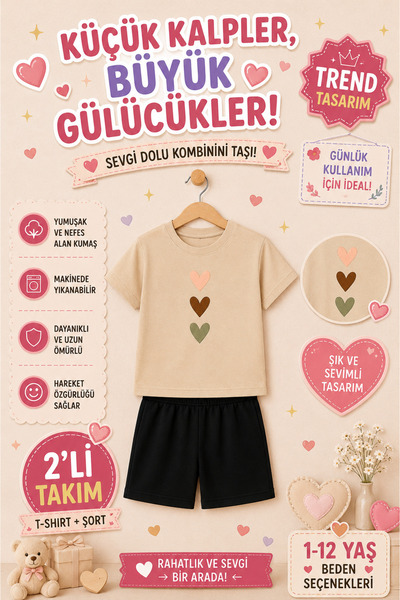 OVERMAX 🎀   Cute Hearts Printed Kids Set – T-Shirt & Shorts 2-Piece Combinat...