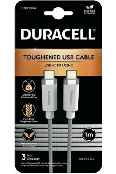 Duracell Καλώδιο USB 3.2 Πλεγμένο με Κέβλαρ USB-C Αρσενικό - USB-C Λευκό 1μ