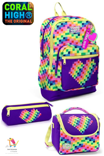 Coral High Kids Multi-Color Pixel Heart Pattern School Backpack, Lunch Bag, P...