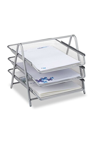 Relaxdays Document holder, 3 compartments, metal, silver, 27 x 29.5 x 35.5 cm