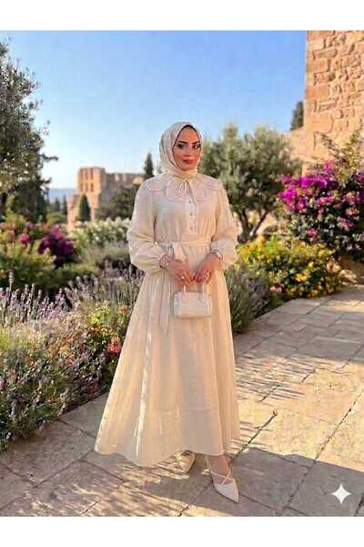 QUAWEAR Lace Collar Belted Lined Full Length Dress with Lace Detail