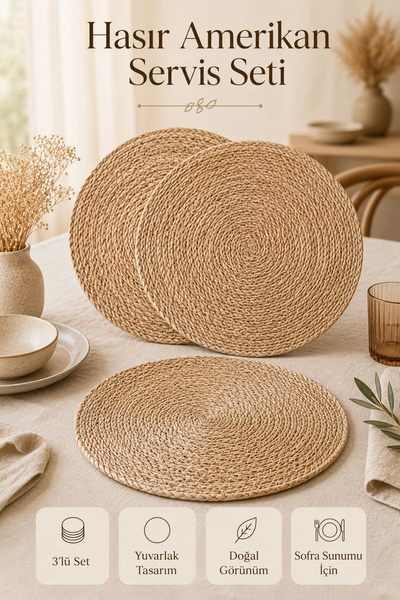 Tilbe Home 3lü Bambu Rattan Amerikan Servis Hasır Yuvarlak Supla Tabak Altlığ...