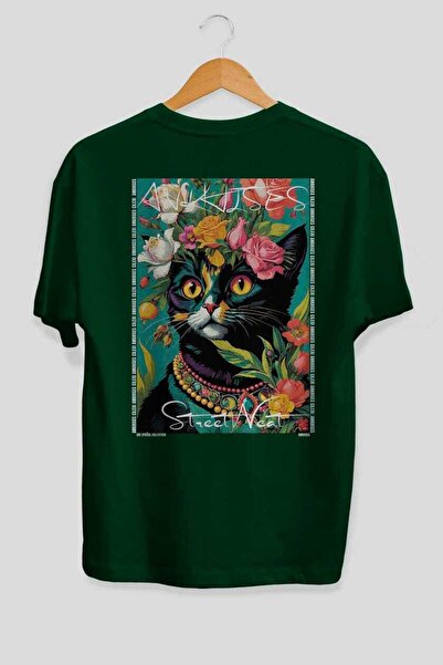 Ankhises For the Love of Cats 83 Cats Printed Green Oversize T-Shirt 100% Cot...