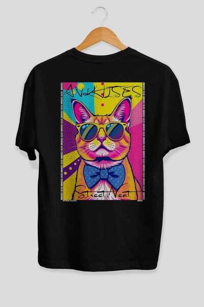 Ankhises 123 Cats for the Sake of Cats Printed Black Oversize T-Shirt 100% Co...