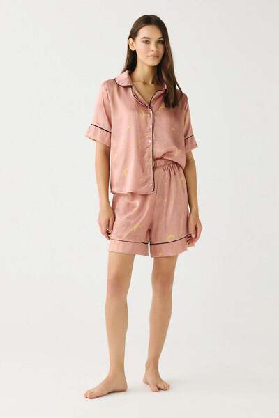 C&City Luna Touch Shirt Shorts 2-Piece Satin Set Mink