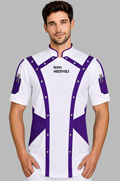 Üniformanya White Purple Short Sleeve Design Summer Cook Jacket with Name Gif...