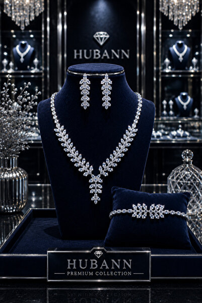 HUBANN Royal Leaf Markiz Kesim Zirkon Taşlı Pırlanta İşçiliği 3'lü Takı Seti ...