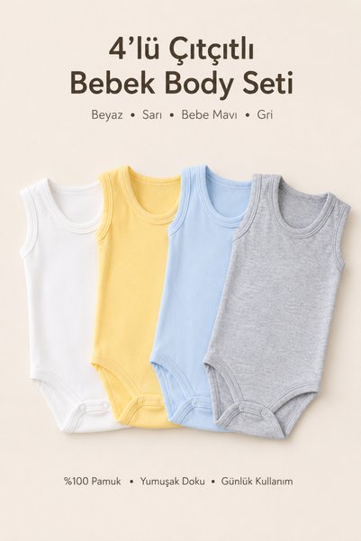 Baby Cais Collection 4-Piece 100% Organic Cotton Baby Bodysuit Set with Snap Straps, Cotton Daily Baby Bodysuit