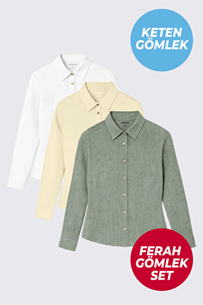 UNIQVIBE 3'lü Kadın Keten Gömlek Seti | Beyaz, Sarı, Yeşil