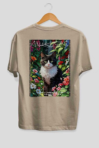 Ankhises Tricou oversize bej cu imprimeu Cat For Cat Lovers, 100% bumbac, uni...