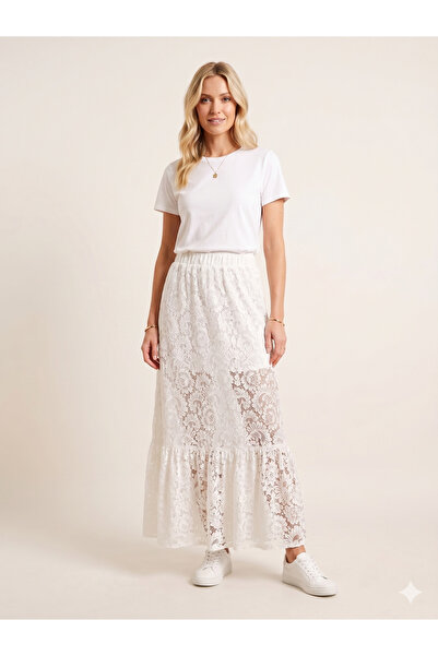 Sibel Günay Butik Women's White Lace Tulle Skirt - Unlined Maxi Length with E...