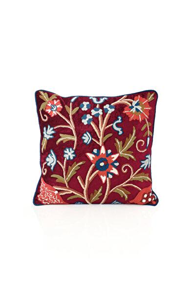 Bursa İpek Burgundy Embroidered Velvet Throw Pillow