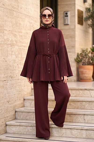FERHEL Hijab Pleated High Collar Buttoned Crepe Fabric Suit - Burgundy