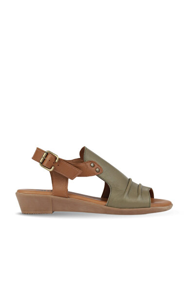 BUENO Khaki Leather Women's Flat Sandals