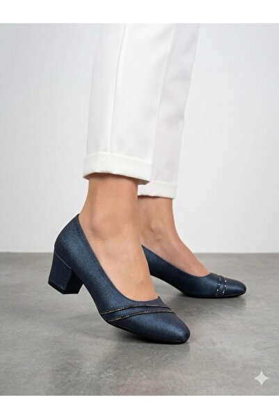 Lütfi Women's Navy Blue Thick Heel Comfortable Fit Heeled Shoes