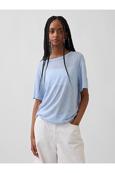 GAP Kadın Açık Mavi Keten Karışımlı Relaxed T-Shirt