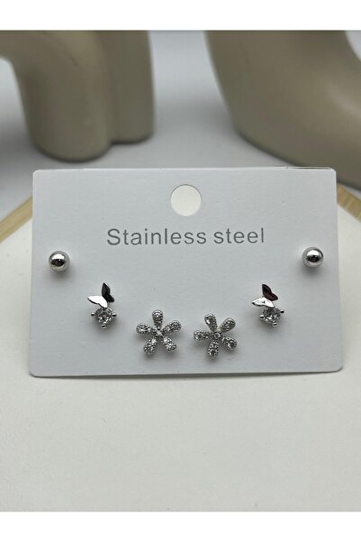 BİJU YILMAZ 26Clk36 Silver Steel Earring Set with Butterfly and Flower Detail