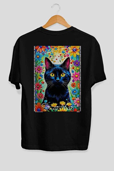 Ankhises For the Love of Cats 17 Cat Printed Black Oversize T-Shirt 100% Cott...