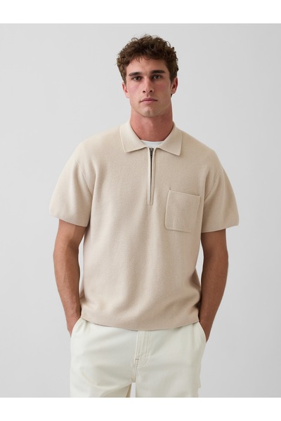 GAP Erkek Bej Oversized Yarım Fermuarlı Cepli Triko Polo T-Shirt